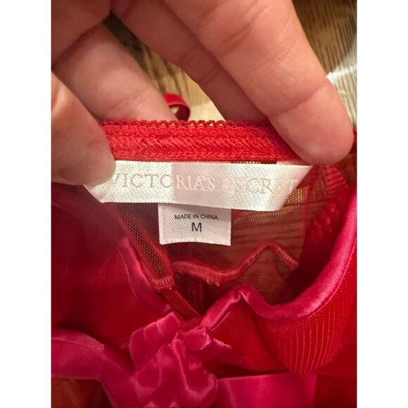 Victoria's Secret Mesh Satin Trim Front Bow Chemise Lingerie Red Hot Pink Medium - Picture 3 of 3